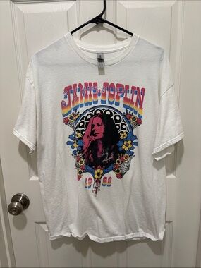 Golden Janis Joplin Graphic Tee - White with Pink, Blue & Yellow Print